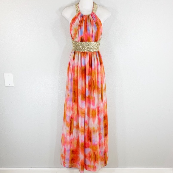 “CALVIN KLEIN” Sequined Watercolor Halter Maxi Dress - Picture 3 of 16